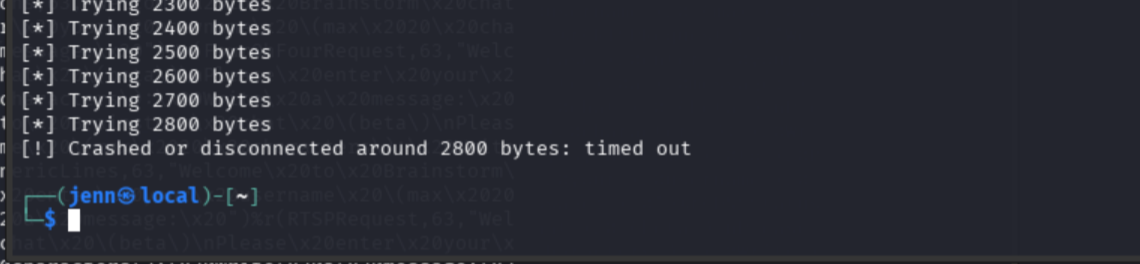 Fuzzer output showing crash or disconnect around 2700-2800 bytes